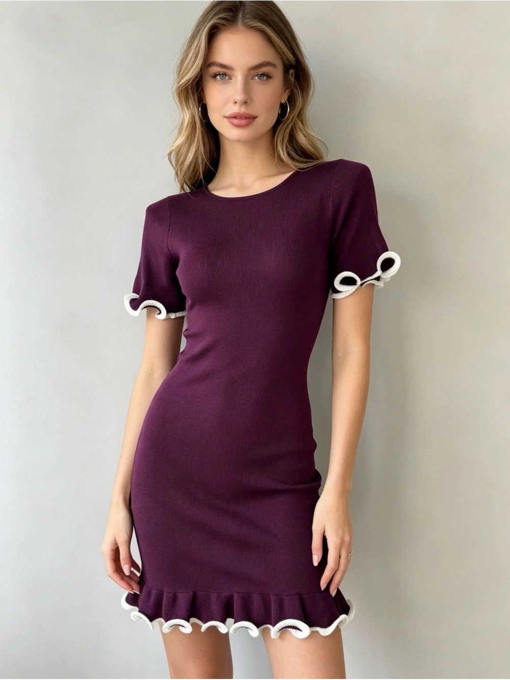 Women's Plum Mini Dress with White Ruffle Trim